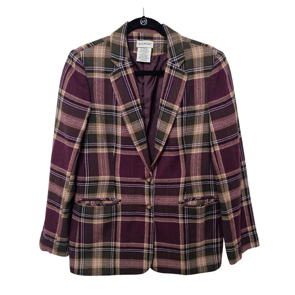 VTG Womens Plaid Blazer Jacket Wool Blend Eggplant Size 6 Boyfriend 80s Academia